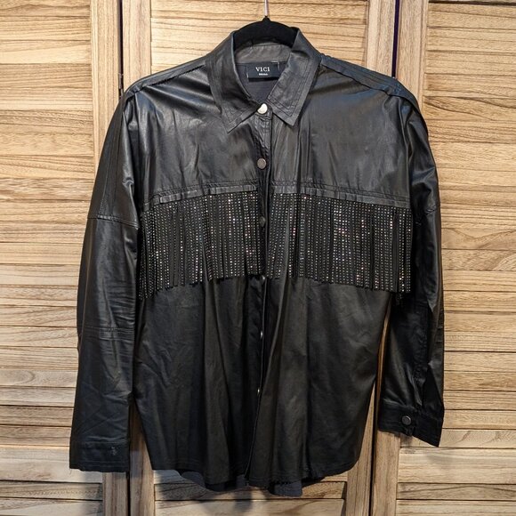 Vici Tops - VICI Black Faux Leather Fringe Shirt Size Small